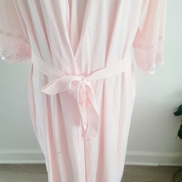 Shadowline Vintage Nylon Peignoir Pink Long Lace Sleevless Night Gown Robe Set S - Picture 5 of 16